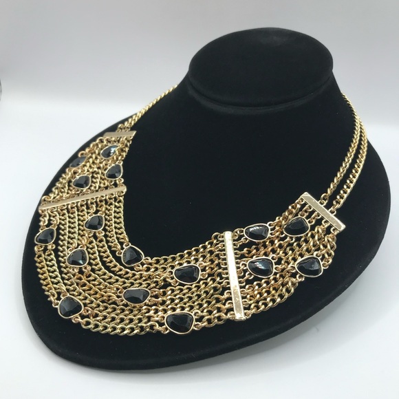 Gold-Tone and Black Cabochons Multi Layered Chain Necklace - Picture 3 of 8